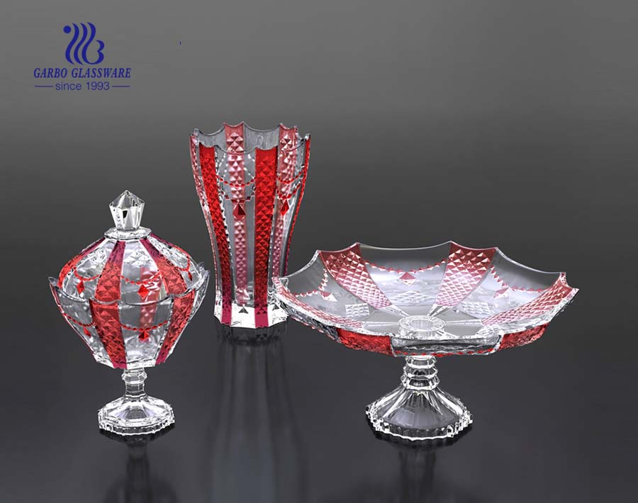 Classical 3pcs embossed high-white glass flower vase fruit plate candy bowl home decor gift pack