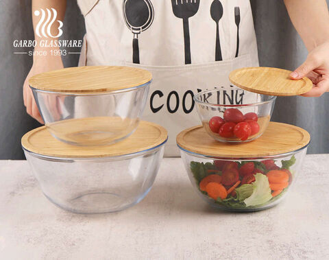 heat resistant high borosilicate glassware baking bowls 4pcs set precook mixing bowls with bamboo lid cutting board 