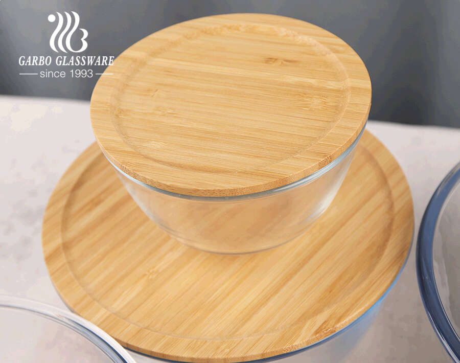 heat resistant high borosilicate glassware baking bowls 4pcs set precook mixing bowls with bamboo lid cutting board 