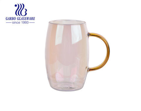 Ion plating single wall glass mugs with gold handle handmade borosilicate glass cups