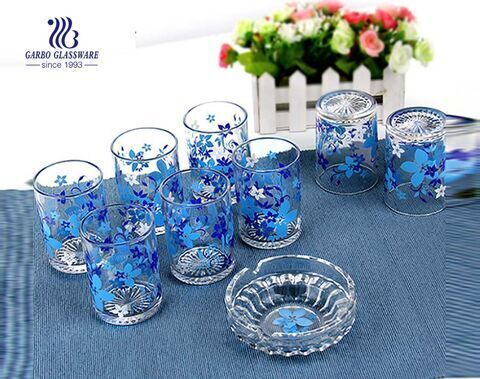 Wholesale table customized printing 9pcs glass water drinking cup glass ashtray for home hotel use