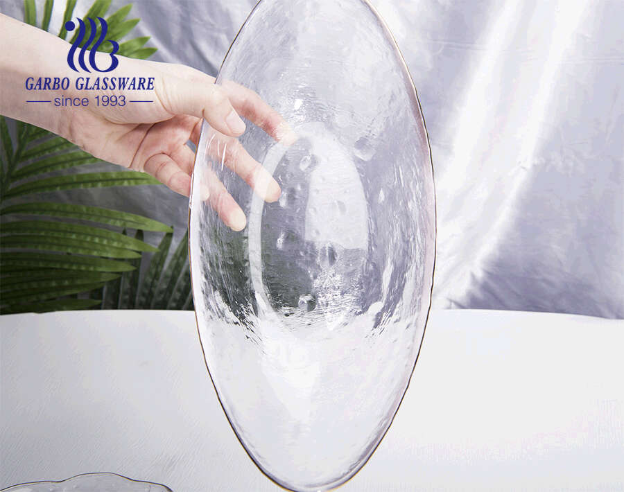 Plato de vidrio transparente de 10 '' con borde dorado para mesas de postres elegantes que sirven fiestas Plato de vidrio reciclado de alta resistencia para fiestas de cumpleaños Bodas Apto para alimentos