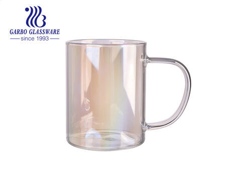 Bunte Glastasse mit Griffen Ionenplattierung Regenbogenfarben Borosilikat einwandige Glaskaffee-Teetasse