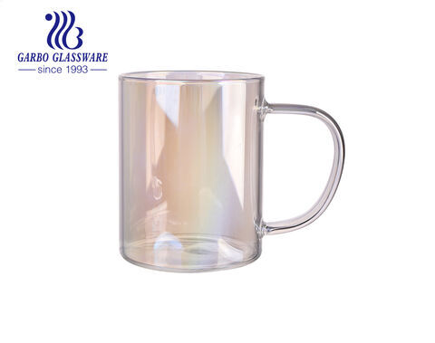 Taza de vidrio colorida con asas, taza de té de café de vidrio de una sola pared de borosilicato de colores del arco iris chapado en iones