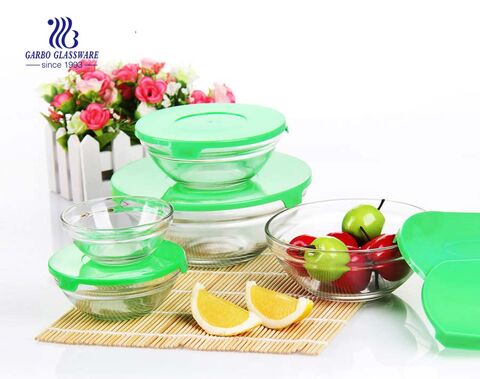 Wholesale cheap embossed 5pcs glass fruit salad bowl set engraved dot design with customized colored plastic lid