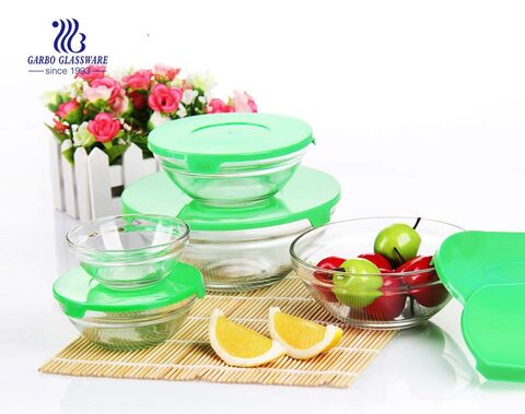 Bán buôn giá rẻ dập nổi 5 chiếc bát salad trái cây thủy tinh thiết kế khắc dấu chấm với nắp nhựa màu tùy chỉnh