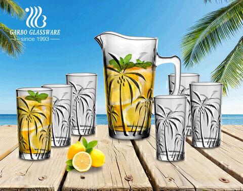 2021 Garbo Creative New Coconut Design 7pcs Glass Pitcher Set with 6 Cups for Cold Water Juice Beer Drinking 