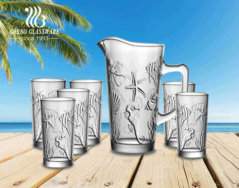 2021 Garbo Creative New Coconut Design 7pcs Glass Pitcher Set with 6 Cups for Cold Water Juice Beer Drinking 