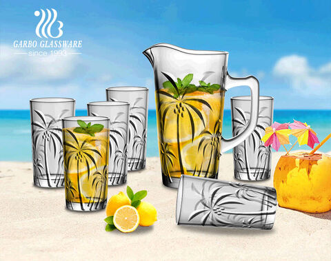 2021 Garbo Creative New Coconut Design 7pcs Glass Pitcher Set with 6 Cups for Cold Water Juice Beer Drinking 