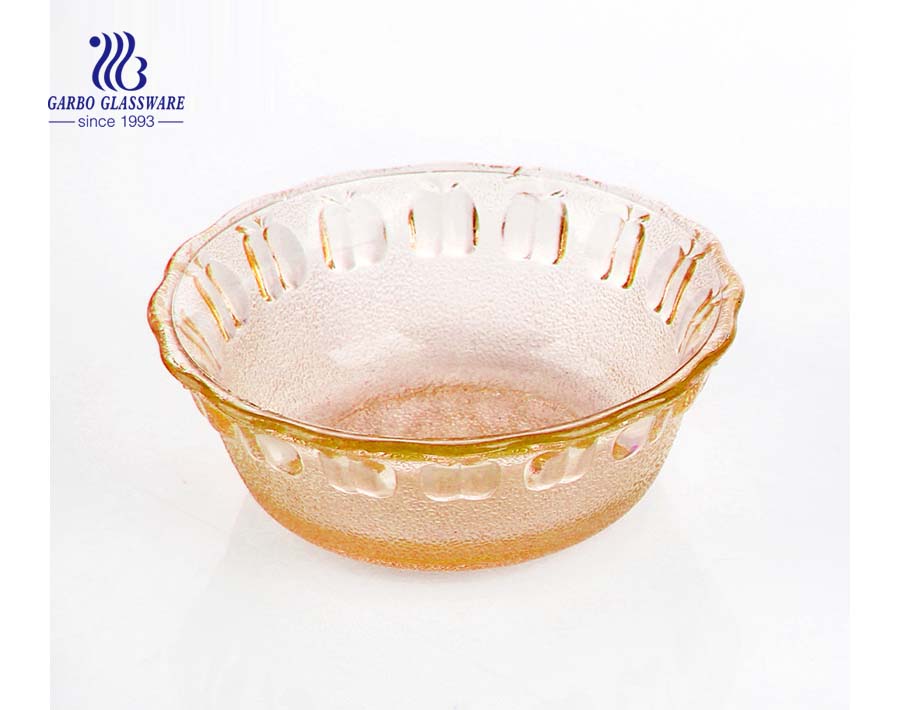 Machine-made wholesale cheap pink spraying colored glass bowl with engraved design for salad home kitchen use