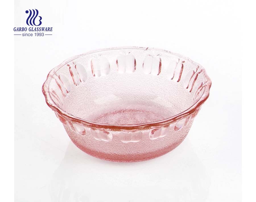 Machine-made wholesale cheap pink spraying colored glass bowl with engraved design for salad home kitchen use