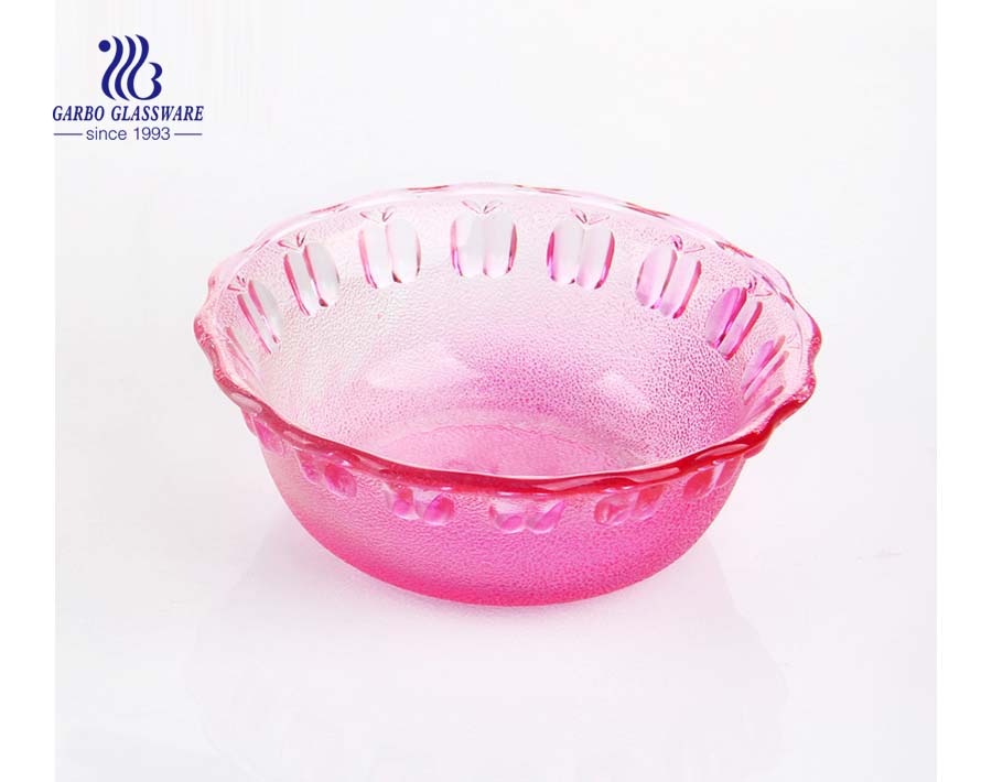 Bol en verre coloré de pulvérisation rose bon marché en gros fabriqué à la machine avec un design gravé pour une utilisation dans la cuisine à domicile