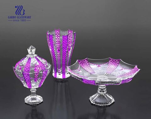 High-white Home Decor Gift Glass Candy Pot Fruit Plate Vase Party with Purple Pattern for Wedding Party