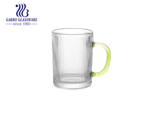 Strip pattern glass tea mug ribbed or fluted manner glass cup with different colors handle 