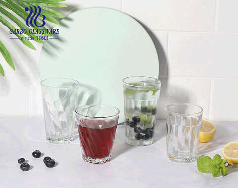 China glassware direct exporting glass drinking tumblers with twisting embossing