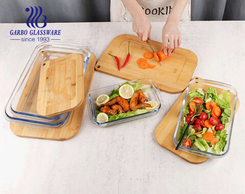 Rectangle Borosilicate baking bowls  glass pans 4pcs set 1000ml 800ml 2200ml  3000ml storage pan with bamboo lid cutting board 