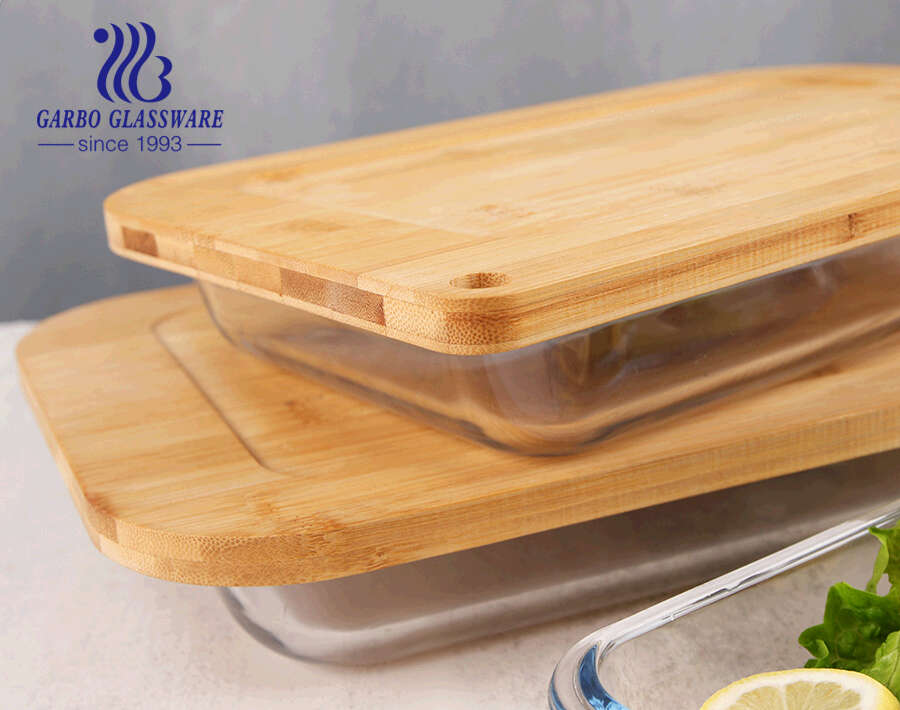 Rectangle Borosilicate baking bowls  glass pans 4pcs set 1000ml 800ml 2200ml  3000ml storage pan with bamboo lid cutting board 