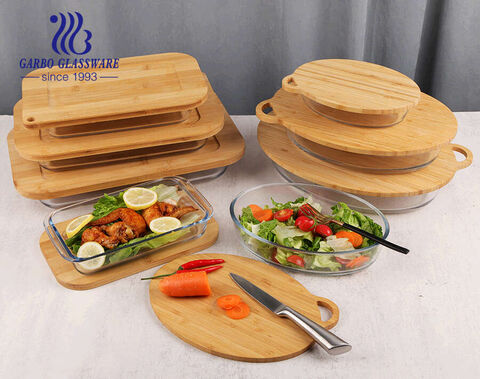 Oven Safe Oval Shaped 4pcs baking bowl set borosilicate glass baking pan baking bowls set with bamboo lid 