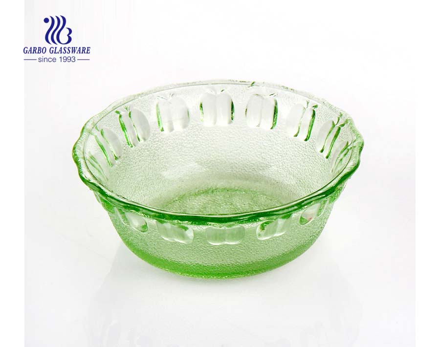 Wholesale factory green apple machine-made glass salad fruit vegetable bowl with engraved pattern flower edge