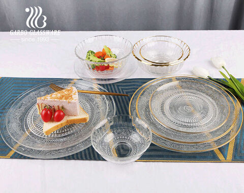 Piatto da pranzo con bordo in pizzo fantasia unico moderno all'ingrosso Set Piatti in vetro con bordo in oro per piatto da portata in vetro economico per matrimoni