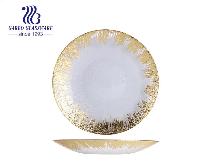 Colorful 11 inches party and home decorative electronic plating glass charger dish with iregular flower edge
