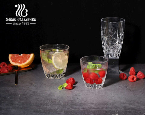 China glassware factory brand in stock glass tumbler with leaf embossing