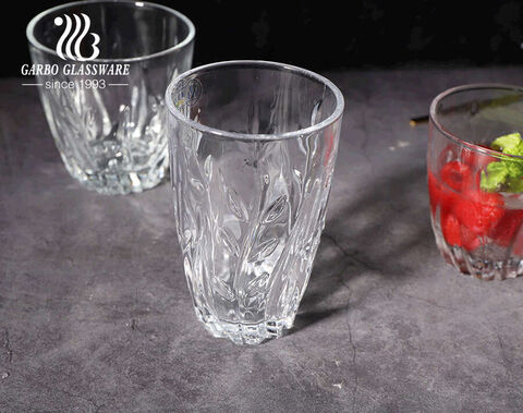 China glassware factory brand in stock glass tumbler with leaf embossing