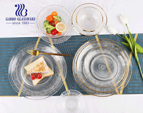 Set di piatti in vetro con bordo in oro fantasia unico e squisito di vendita calda per la festa di nozze e la tavola