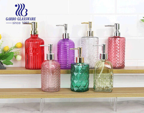 Embossed 460ML Spray Colored Clear Glass Liquid Soap and Lotion Dispenser Bottles with Plastic Pump