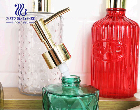 Embossed 460ML Spray Colored Clear Glass Liquid Soap and Lotion Dispenser Bottles with Plastic Pump