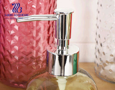 Embossed 460ML Spray Colored Clear Glass Liquid Soap and Lotion Dispenser Bottles with Plastic Pump