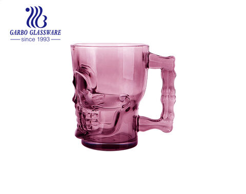 Different colors glass beer mug with handle pink amber ion plating skull shape glass cups 