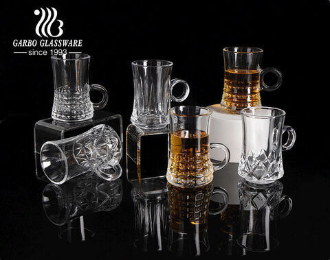 Tazas de té de vidrio de estilo turco diferentes diseños 4oz Garbo nuevas tazas de café de vidrio con asa