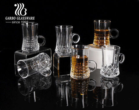 Turkish style glass tea mugs different designs 4oz Garbo new glass coffee cups with handle 