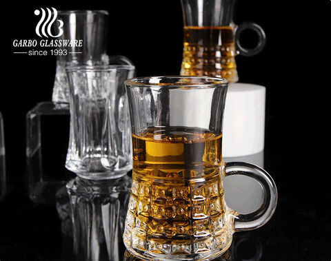 Turkish style glass tea mugs different designs 4oz Garbo new glass coffee cups with handle 