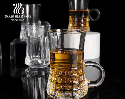 Teetassen aus Glas im türkischen Stil, verschiedene Designs, 4 Unzen Garbo, neue Kaffeetassen aus Glas mit Griff