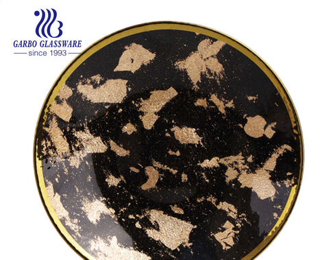 11 inches glass plates with gold rim and black marble clouds design for wedding party 