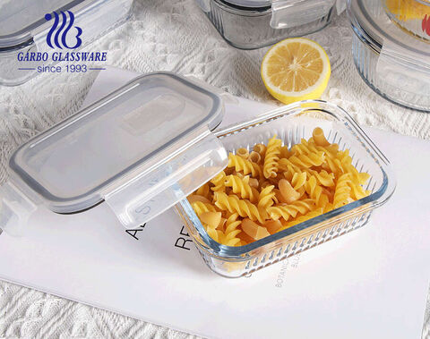 Recipiente de comida de vidrio cuadrado transparente de 520 ml con tapa, caja de almuerzo de vidrio sellada con formas rectangulares redondas para mantener fresco