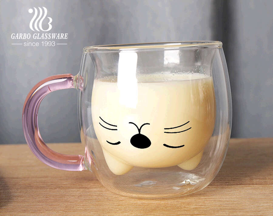 Handmade Cute Smile Cat Bear Borosilicate Double Wall Glass Mug with Colored Pink Handle