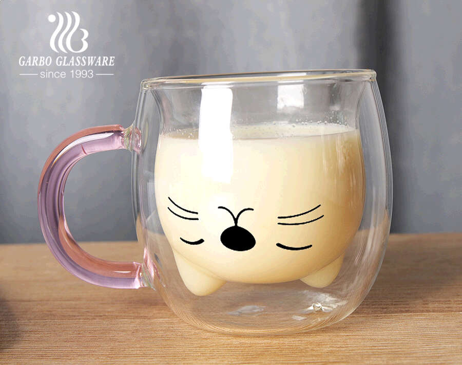 Tazza in vetro borosilicato a doppia parete fatta a mano con simpatico sorriso gatto orso con manico colorato rosa