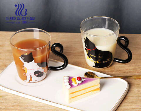 Taza para beber leche de café de vidrio de borosilicato de alta calidad de 280 ml con mango de cola de gato con diseño de patrón de gato