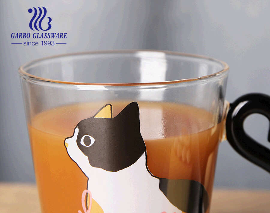 Hochwertiger 280-ml-Kaffee-Milch-Trinkbecher aus Borosilikatglas mit Katzenschwanz-Griff im Katzenmuster-Design