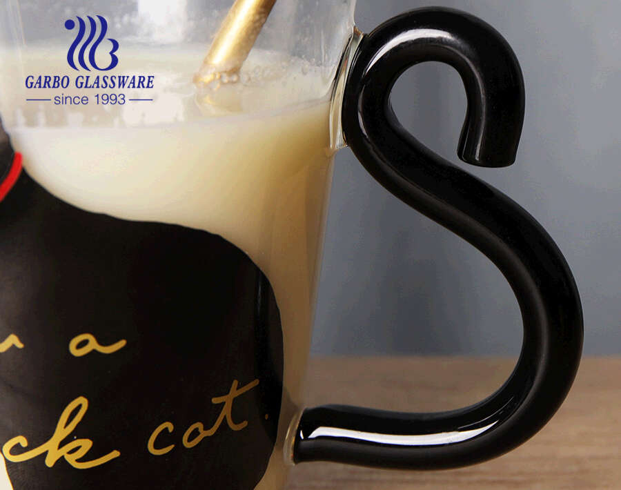 Taza para beber leche de café de vidrio de borosilicato de alta calidad de 280 ml con mango de cola de gato con diseño de patrón de gato