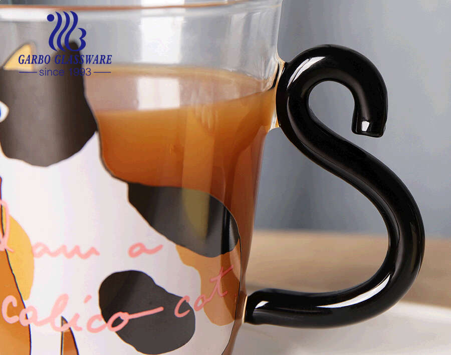 Taza para beber leche de café de vidrio de borosilicato de alta calidad de 280 ml con mango de cola de gato con diseño de patrón de gato