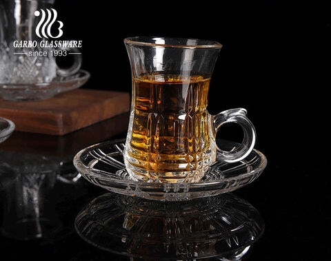 Arabic style clear engraved glass tea cup with saucer 85ml glass  teacup set for Middle East markets