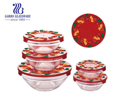 Fabricant haut de gamme 5 pièces mélangeant des bols en verre avec impression de couvercle en plastique pour le dîner