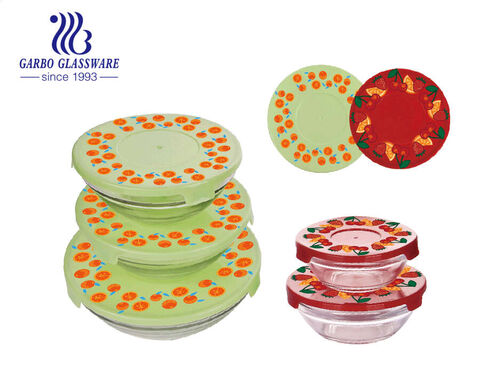 Manufacturer high-end 5pcs mixing glass bowls with plastic lid printing for dinner serving