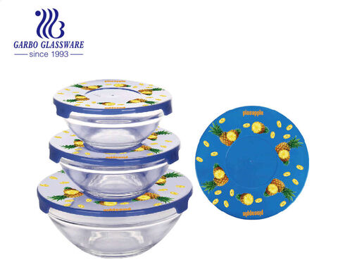 Fabricant haut de gamme 5 pièces mélangeant des bols en verre avec impression de couvercle en plastique pour le dîner