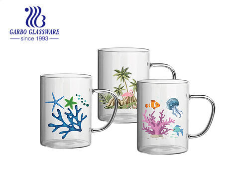 455ml Chine Top Marque Creative Ocean Decal Design Tasse à café en verre Pyrex avec poignée Vente chaude en Europe