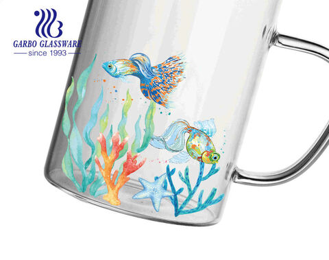 455ml Chine Top Marque Creative Ocean Decal Design Tasse à café en verre Pyrex avec poignée Vente chaude en Europe